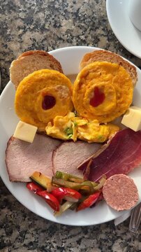 Breakfast with Mini Frittatas Omelette, Serrano Ham, Prosciutto, Iberian Pate, Zucchini and Peppers