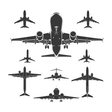 Airplane Silhouettes in Various Positions from Different Angles