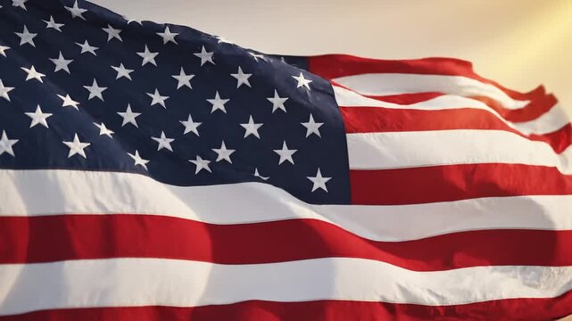 Dramatic waving American flag as background, full frame composition, vibrant red white and blue, stars and stripes flowing dynamically, patriotic atmosphere, soft focus depth, powerful symbolism.
