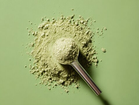 green protein powder scoop isolated on a green background
