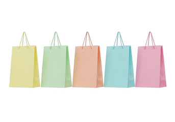 Colorful shopping bags hanging in a neat row on a white background