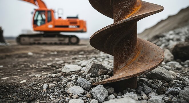 A close-up of a large drill bit against a backdrop of construction machinery