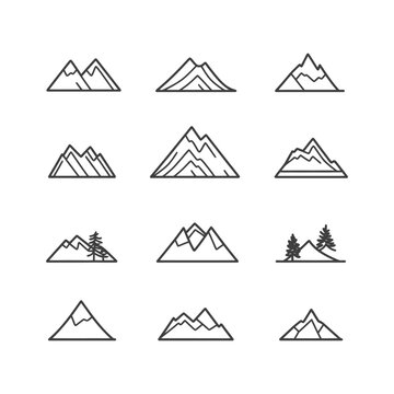 A Set of Hand-Drawn Mountain Icons in Black and White