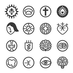 A Set of Sixteen Circular Black and White Icons Depicting Various Abstract Symbols and Concepts