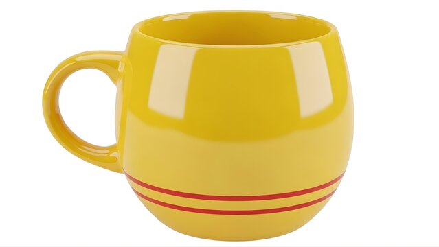 A bright yellow ceramic mug with red stripes on transparent background