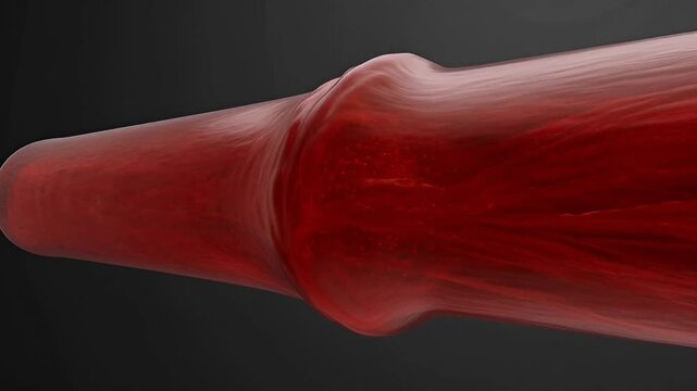 3D render of a narrowed human artery showing restricted blood flow due to vessel constriction. Medical concept of hypertension, vascular spasm, and circulatory disorder.