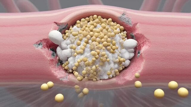 3D medical illustration of cholesterol plaque accumulation inside a human artery, cross section view showing fatty deposits narrowing the blood vessel. Concept of atherosclerosis, cardiovascular disea