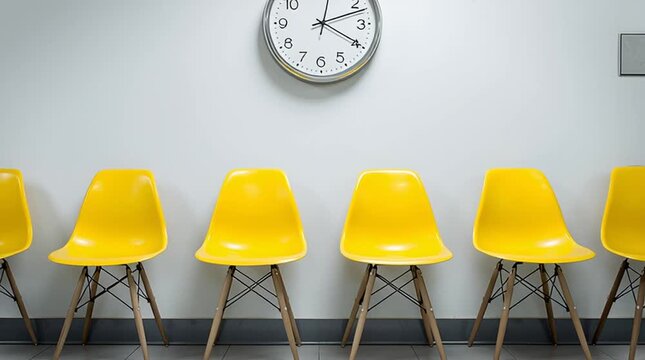 Minimal waiting room with chairs aligned perfectly and a clock without hands on the wall, creating a surreal atmosphere that reflects suspended time, anticipation, and quiet tension.

