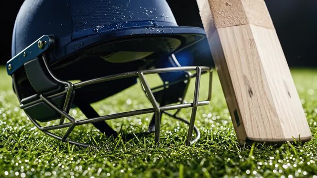 Cricket helmet and wooden bat resting on grass field, symbolizing sportsmanship and athleticism. Useful for articles on cricket, sports events, or promoting athletic gear.