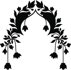 Black silhouette of a floral arch with decorative leaves and flowers isolated on white background for design.