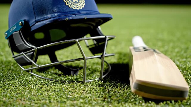 Cricket helmet resting beside bat on green grass. This image captures essential sports equipment for cricket, useful for promoting sports events, articles on sports safety, or cricket training.