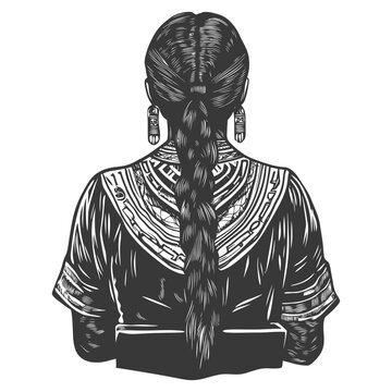 A woman with long braided hair wearing ornate jewelry and traditional clothing.