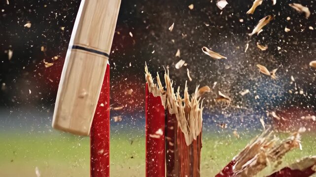 Cricket bat striking stumps, sending shattered wood flying. Concept of sports competition, excitement of cricket games, or dramatic moments in athletic events.