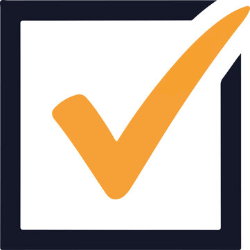 A large orange checkmark in a black outlined box on a white background