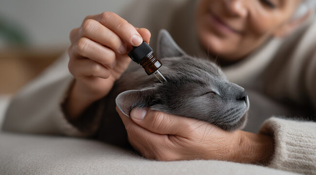 A woman gently uses a medicine dropper to administer ear drops to a calm, patient, grey cat during a care procedure.
