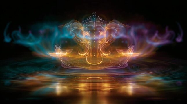 Abstract spiritual composition evoking the essence of Ganesha without figurative depiction, symbolizing inner balance, wisdom, and stability through harmonious forms and calm energy.
