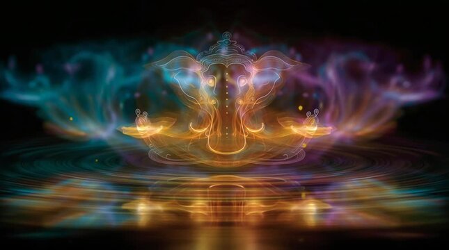 Abstract spiritual composition evoking the essence of Ganesha without figurative depiction, symbolizing inner balance, wisdom, and stability through harmonious forms and calm energy.
