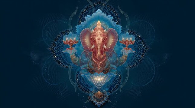 Abstract spiritual composition evoking the essence of Ganesha without figurative depiction, symbolizing inner balance, wisdom, and stability through harmonious forms and calm energy.

