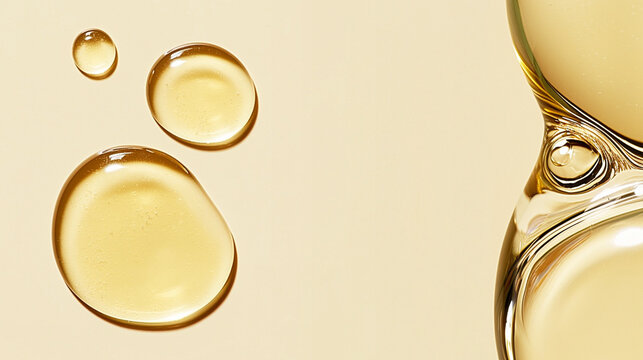 Top view macro image of three glossy cosmetic oil drops on a clean light beige background. The viscous transparent serum has a natural golden tone and smooth texture, suitable for skincare, beauty, sp