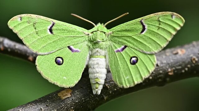 Vibrant green moth with distinctive markings resting on a tree branch