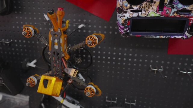 Custom fpv racing multicopter with yellow components and decorated transmitter resting on speckled dark work surface, close up showing frame, motors, wiring and battery