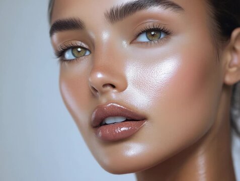 Woman with glowing skin shows makeup application techniques in a bathroom setting during daytime hours
