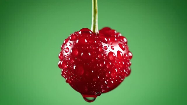 Macro shot of a single ripe cherry covered in water droplets hanging from its stem against a vibrant green background showcasing its glossy texture and freshness.