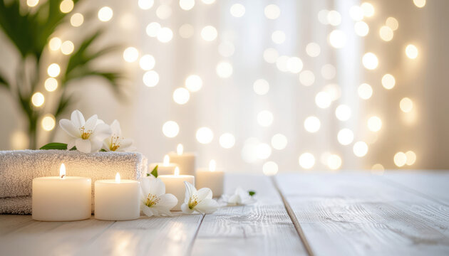 Spa still life with candles, towels, and orchids on a wooden table with bokeh lights.