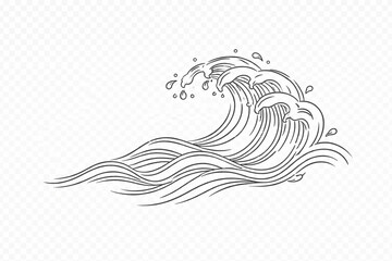 Fototapeta premium Dynamic Japanese Style Ocean Wave Line Art Illustration Vector - Hand-Drawn Ukiyo-e Inspired Sea Waves for Traditional Asian Designs, Water Elements & Nature Concepts, Transparent Background.
