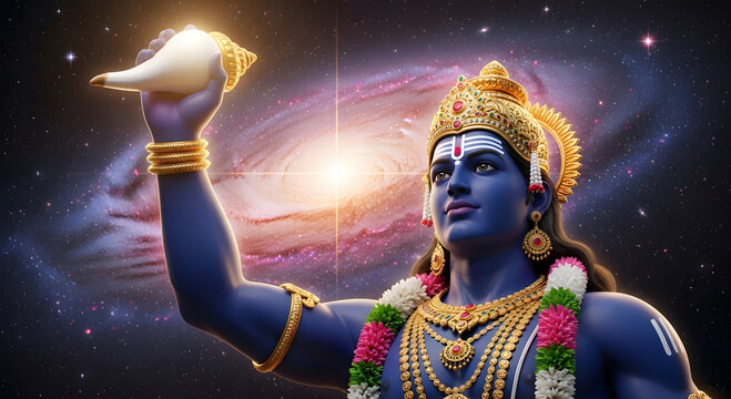 Lord Vishnu Holding Sacred Conch Shell Against a Cosmic Galaxy Background