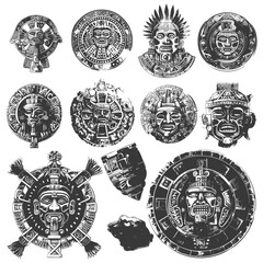 Collection of Ancient Aztec and Mayan Masks and Symbols