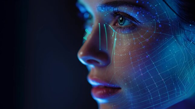 Side profile portrait woman dark high tech environment deep blue neon light, ultra detailed skin texture, advanced AI facial analysis system activating, glowing wireframe grid mapping face, biometric