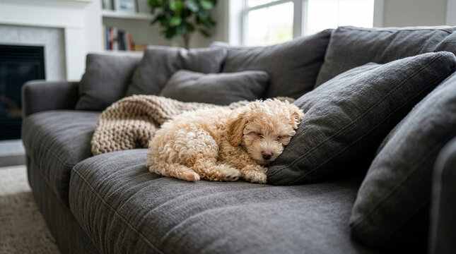 Szczeniaczek maltipoo śpi na kanapie.