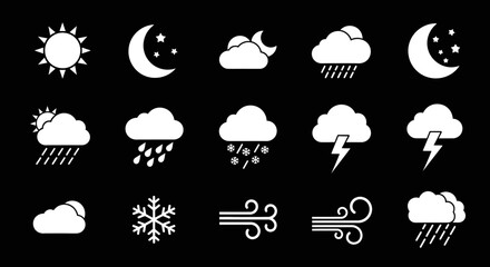 Fototapeta premium Weather Icons Collection: Sun, Moon, Clouds, Rain, Snow, Lightning, Wind