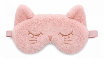 Cute cat face sleep mask in soft pastel pink plush with embroidered closed eyes and elastic strap for comfortable rest