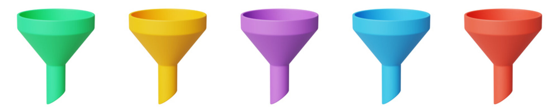 Green, Blue, red, violet, yellow funnel icons 3d  illustration isolated on transparent background. Marketing and sales funnel concept for filtering, analytics, conversion and business strategy