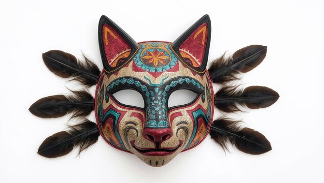 Handmade aztec cat mask replica with feathers and vivid colors representing mesoamerican ritual feline symbolism