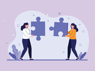 Fototapeta premium Two people collaborating by connecting puzzle pieces together creatively