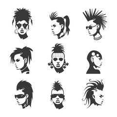 Collection of Nine Silhouette Portraits of Punk Rock Individuals with Unique Hairstyles and Piercings