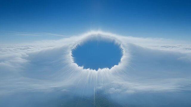 Rare and unique circular hole in the cloud formation with blue sky