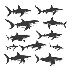 Collection of Shark Silhouettes in Various Sizes and Poses