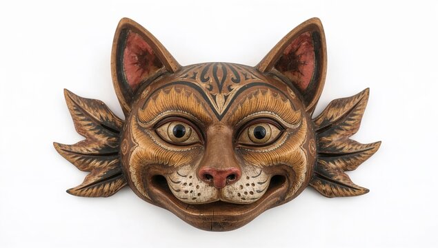 Balinese barong cat mask wood painted art feline deity hinduism culture festival handcrafted ritual traditional