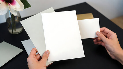 Fototapeta premium Thank You Card Mockup, Wedding Card Mockup, Invitation Card Mockup, Birthday Card Mockup, Thank You Card Mockup, White Blank Paper Card Mockup, held by a woman