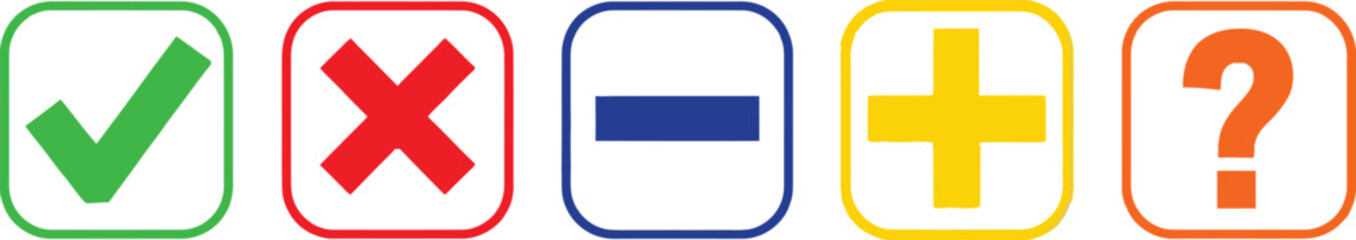 Fototapeta premium A set of five icons representing checkmark cross minus plus and question mark