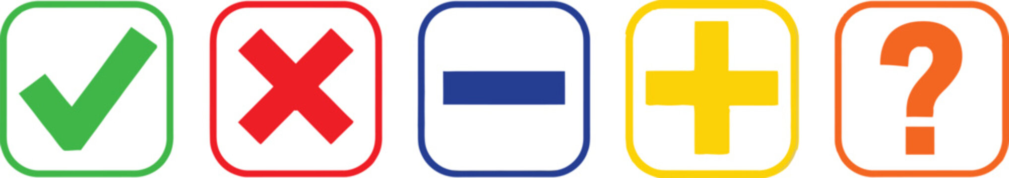 A set of five icons representing checkmark cross minus plus and question mark