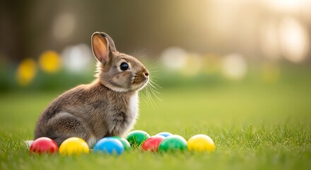 Fototapeta premium A fluffy rabbit sits amongst colorful Easter eggs on green grass, bathed in sunlight