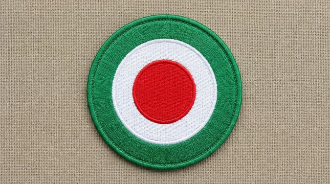 Circular patch of Iran&rsquo;s flag on dark fabric with bold black &ldquo;VOTE&rdquo; stamped across the red stripe.