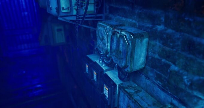 Two old and damaged electrical meters are mounted on a gritty brick wall. The blue lighting casts an eerie glow, enhancing the worn condition of the meters in this secluded space.