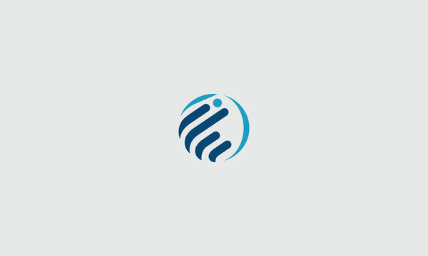 Abstract blue logo featuring a circular shape with a human figure