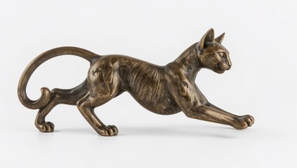 Fototapeta premium Bronze sculpture of leaping cat with ancient egyptian motifs on white background, elegant feline art decor